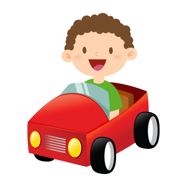 Feliz niño montando un coche de juguete — Vector de stock