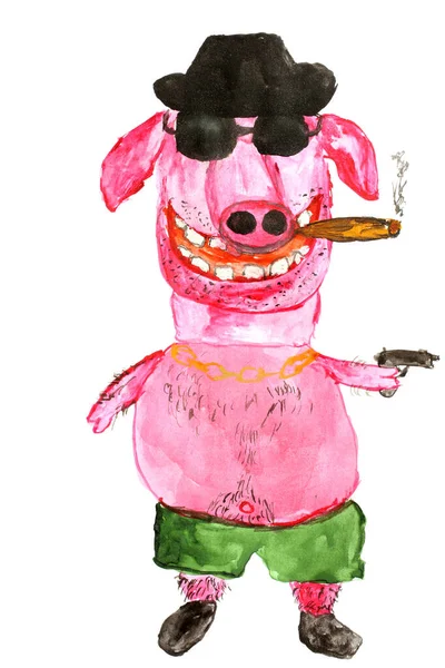 Drôle Cochon Mafieux Isolé Sur Blanc Dessiné Main — Photo