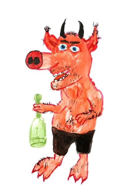 Beyaz şişeli komik sarhoş şeytan. Sayıklamalar, alkolizm. El çizimi