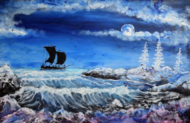 Kuzey denizinde eski bir balıkçı teknesi. İzlenimcilik yağlı boya resim