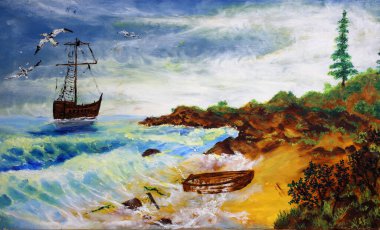 Yelkenli gemi ve kırık eski tekne