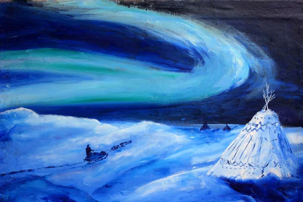 Kutup ışıkları. Çadır, kızak ve kızak köpekleri