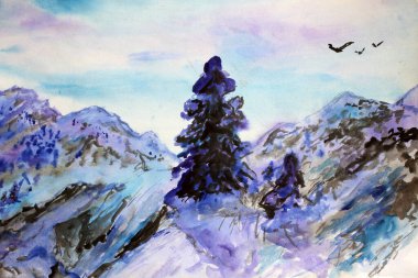 Dağ kış ormanı. İzlenimcilik resmi