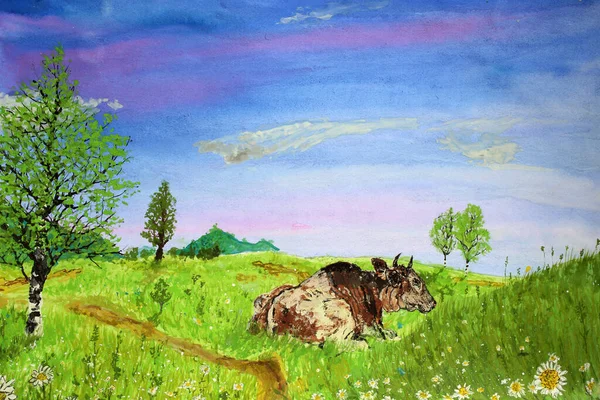 Vaca Tirada Prado Impresionismo Pintura —  Fotos de Stock