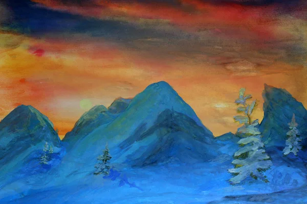 Heldere Zonsondergang Bergen Impressionistische Schilderkunst — Stockfoto