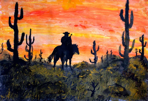 Kovboj Koni Západ Slunce Kaktusy — Stock fotografie