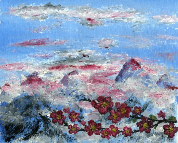 Сакура Гора Живопись Маслом — стоковое фото