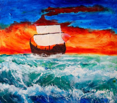 Yelkenli gemi ve parlak günbatımı. İzlenimcilik yağlı boya resim