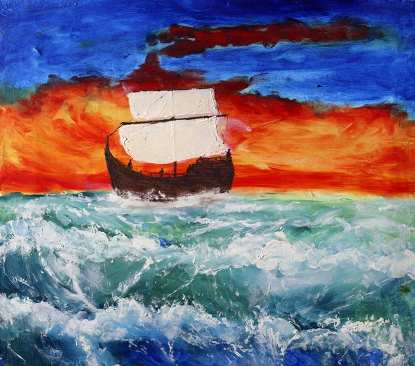 セーリング船と明るい夕日 印象派油彩画 — ストック写真