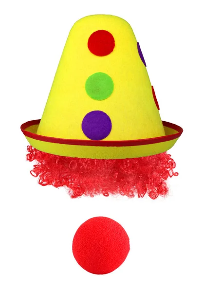 Clown hat, wig and nose. Classic type of hat, retro
