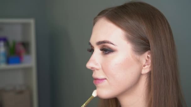 Maquiagem artista fazendo correção de rosto por escova. Olhos brilhantes, brilhos. — Vídeo de Stock