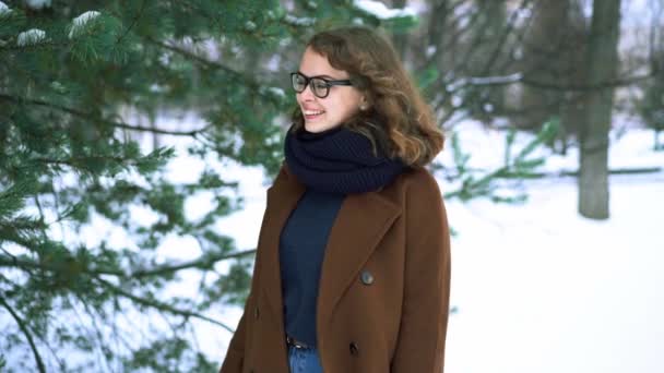 Ung vacker hipster kvinna i stickad halsduk som står i parken och ler. Vintermode — Stockvideo