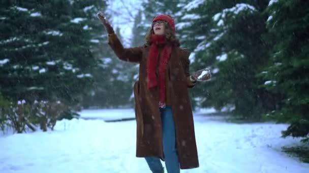 Jovem mulher bonita em cachecol de malha e chapéu jogando bolas de neve no parque. Moda de inverno — Vídeo de Stock