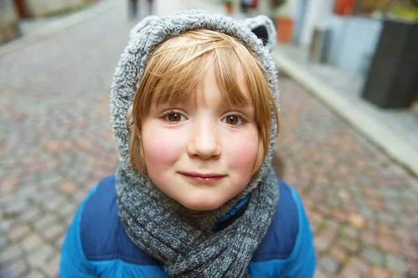 Funny close up wide angle portrait of cute little boy — Stock Photo, Image