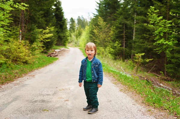 Schattig peuter jongen wandelen in het bos — Stockfoto