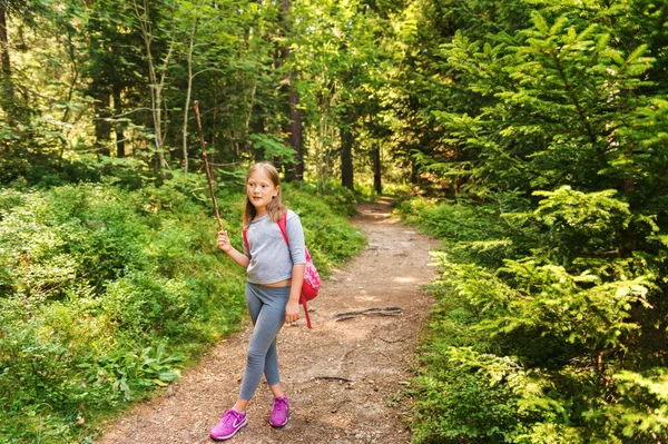 Little hiker girl in forest. Photo from Champex-Lac, Valais, swiss Alps — Stock Photo, Image