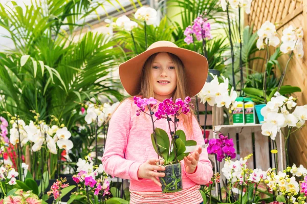 Rozkošná holčička volba květy orchidejí v zahradním centru — Stock fotografie