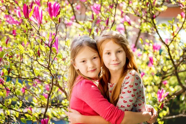Außenporträt von zwei entzückenden kleinen Mädchen, die sich umarmen — Stockfoto