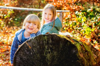 Çok güzel çocukları güzel ve güneşli bir sonbahar gününde ormanda. Küçük erkek ve kız doğada yürüyüşe