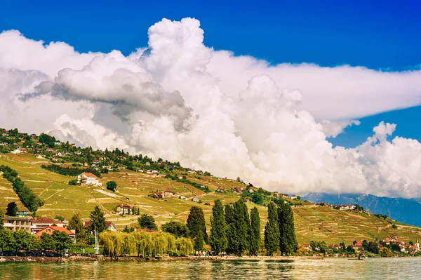 Paisagem de verão do Lago de Genebra com incríveis nuvens, vinhedos e Alpes de Lavaux, Suíça — Fotografia de Stock