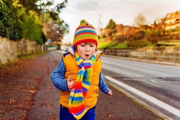 Retrato ao ar livre de menino adorável criança vestindo chapéu colorido e cachecol, jogando ao ar livre em um bom dia quente de outono — Fotografia de Stock