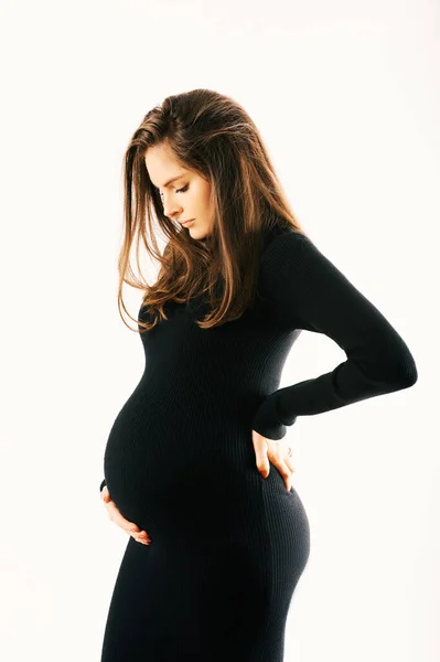 Studio Moederschap Portret Van Prachtige Jonge Vrouw Poseren Witte Achtergrond — Stockfoto