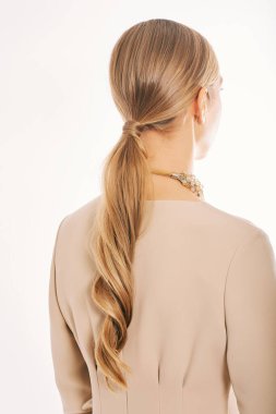 Beautiful hairstyle tail for wedding or formal party, back view, isolated on white background