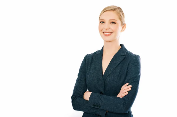 Business Portrait Young Professional Woman Isolated Whire Background Wearing Grey — Stock fotografie