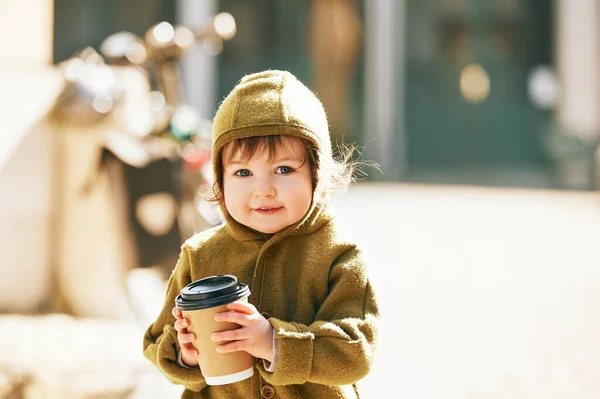 Outdoor Portrait Adorable Toddler Kid Holding Takeaway Cup Coffee Wearing — Stock Photo, Image