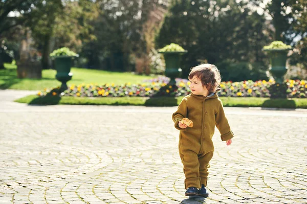 Outdoor Portrait Cute Year Old Toddler Kid Eating Croissant — Stock Photo, Image