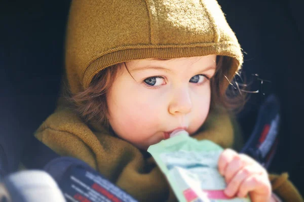 Close Portrait Sweet Toddler Kid Eating Fruit Puree Plastic Doy — Stock Photo, Image