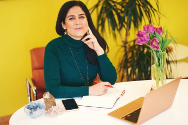 Renkli ofiste çalışan orta yaşlı güzel bir kadın taşınabilir dizüstü bilgisayar kullanıyor.