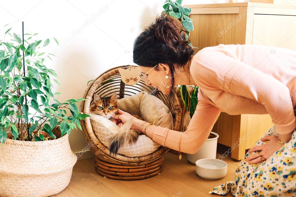 Young woman caressing her pet, cat lying inside of wicker bad 