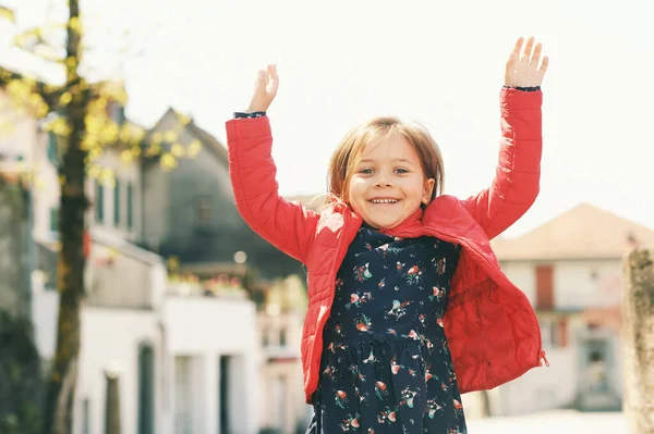 Outdoor Portrait Happy Jumping Little Girl Early Spring Fall Image — Stockfoto