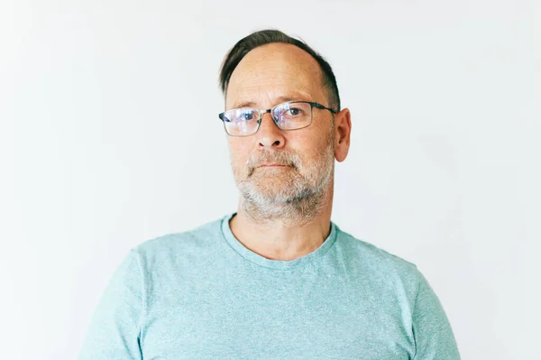 Close Portrait Middle Age Man Wearing Glasses Turquoise Shirt White — Stockfoto