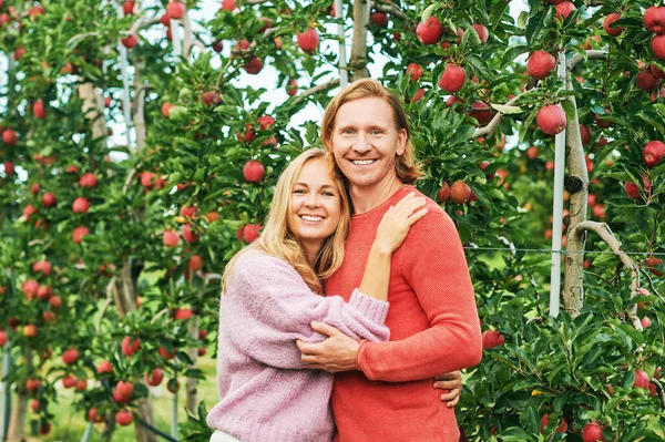 Retrato Livre Feliz Jovem Casal Posando Entre Árvores Fruto Pomar — Fotografia de Stock