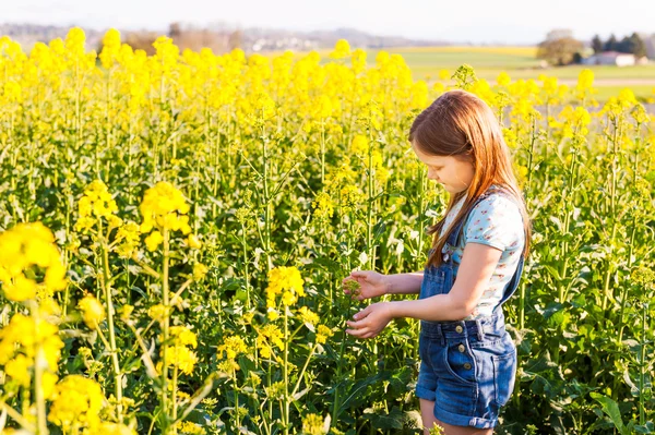 Portrait en plein air d'une jolie petite fille jouant avec des fleurs dans une campagne — Photo