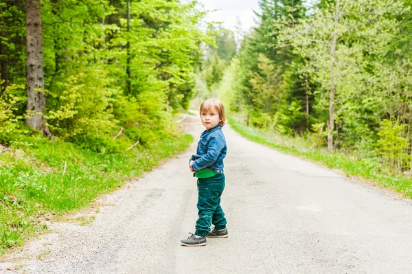 Carino bambino ragazzo in una foresta — Foto Stock