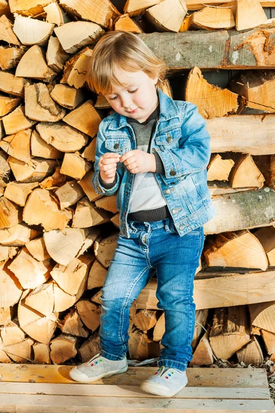 Ritratto all'aperto di un bambino carino contro la legna da ardere, in una bella giornata di sole — Foto Stock