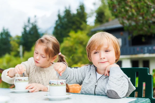 Crianças adoráveis bebendo chocolate quente ao ar livre, passando um bom tempo em férias em montanhas alpinas — Fotografia de Stock