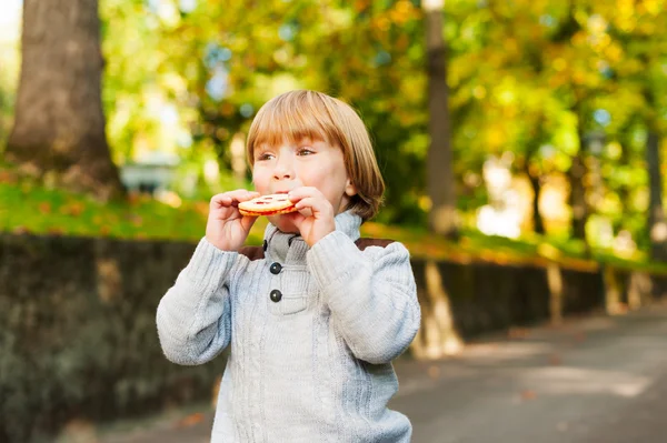 Retrato ao ar livre de menino adorável criança no parque de outono, se divertindo e comendo um biscoito — Fotografia de Stock
