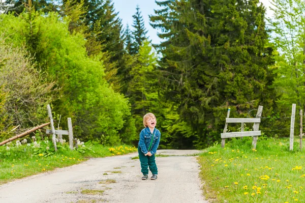 Милый мальчик, стоящий посреди лесной дороги и кричащий: — стоковое фото