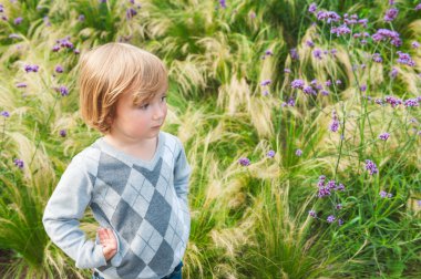 Bir bahçede oynayan sevimli sarışın yürümeye başlayan çocuk gri kazak giyiyor