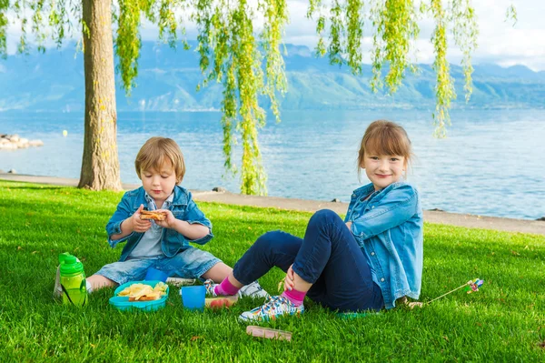 Dos niños lindos, niña y su hermano, haciendo un picnic al aire libre junto al lago — Foto de Stock