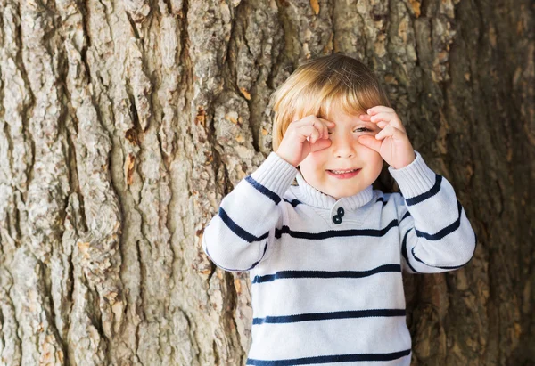 Pequeno menino caucasiano loiro de 4 anos na frente de uma árvore velha e maciça fingindo tirar uma foto com as mãos . — Fotografia de Stock