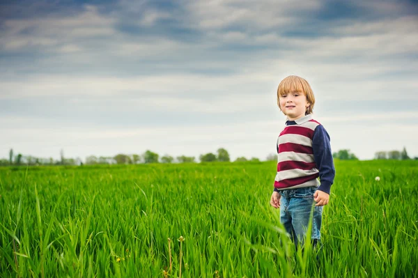 Ładny mały chłopiec gra w zielone pole w pochmurny dzień, na sobie sweter, stonowanych obrazu — Zdjęcie stockowe