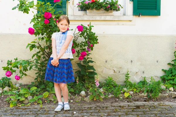 青い服を着て、田園地帯にかわいい小さな女の子の夏の肖像画 — ストック写真