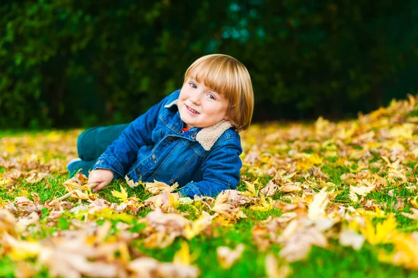 Autumn portrait of a cute little boy laying on grass and yellow leaves — ストック写真