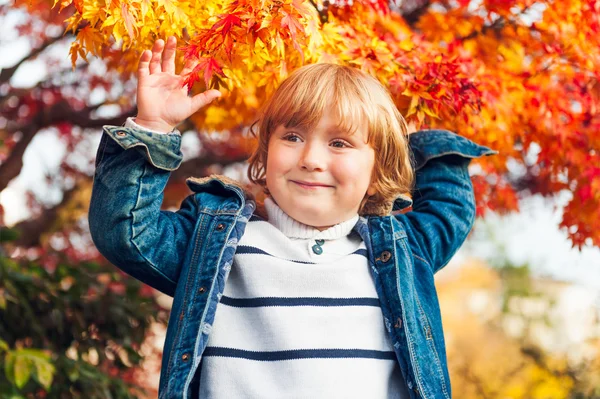 Portrait d'automne d'un mignon tout-petit garçon, vêtu d'un manteau en denim et d'un pull chaud, jouant avec des feuilles d'érable vives — Photo