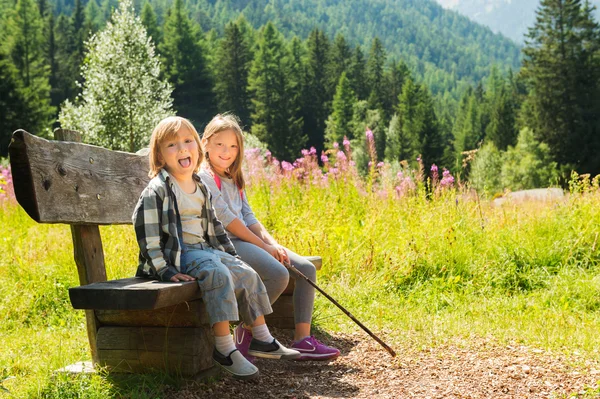 Cute little boy and his sister with backpack hiking in mountains, resting on a bench